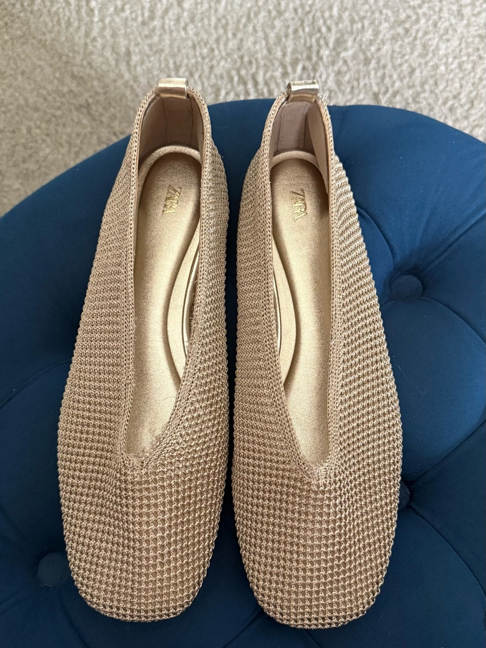 Zara Tan Knit Square-Toe Ballet Flats